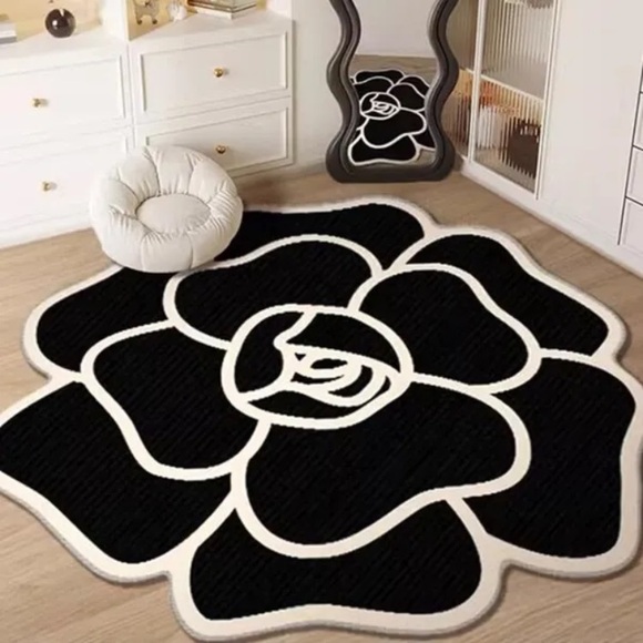 CHANEL VIBES Small Black Camellia Flower Bath Kitchen Rug - Picture 1 of 5